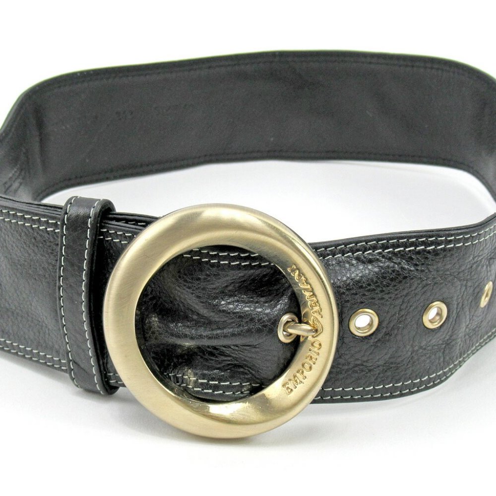 EMPORIO ARMANI Belt Waist Mark Ladies Black Gold Leather